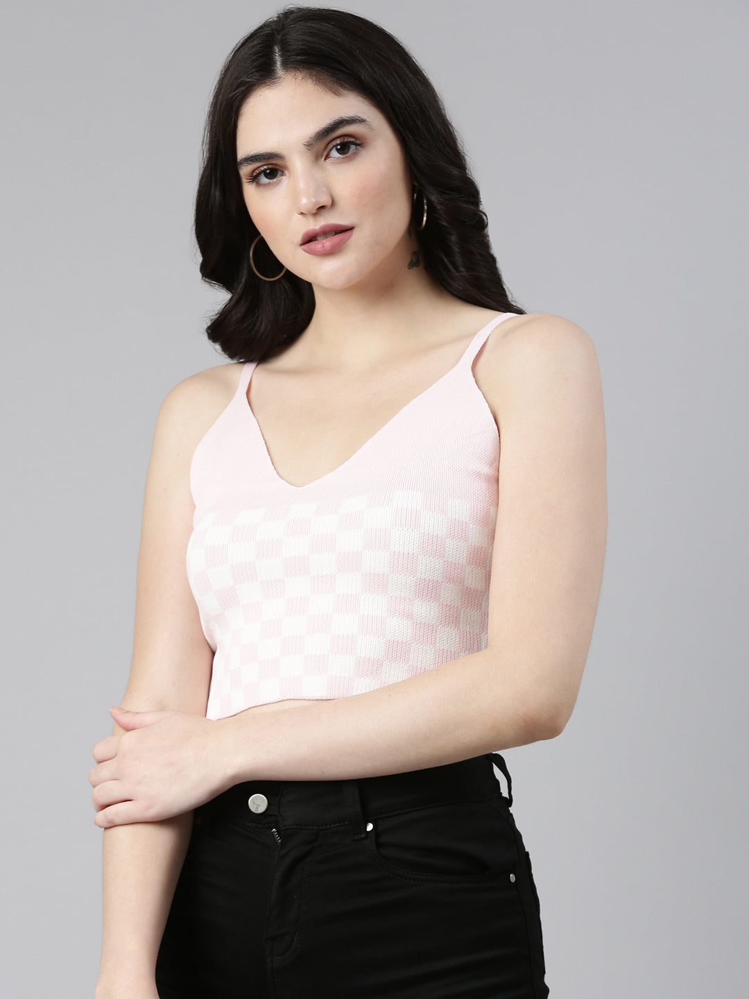 Shoulder Straps Checked Sleeveless Fitted Pink Crop Top