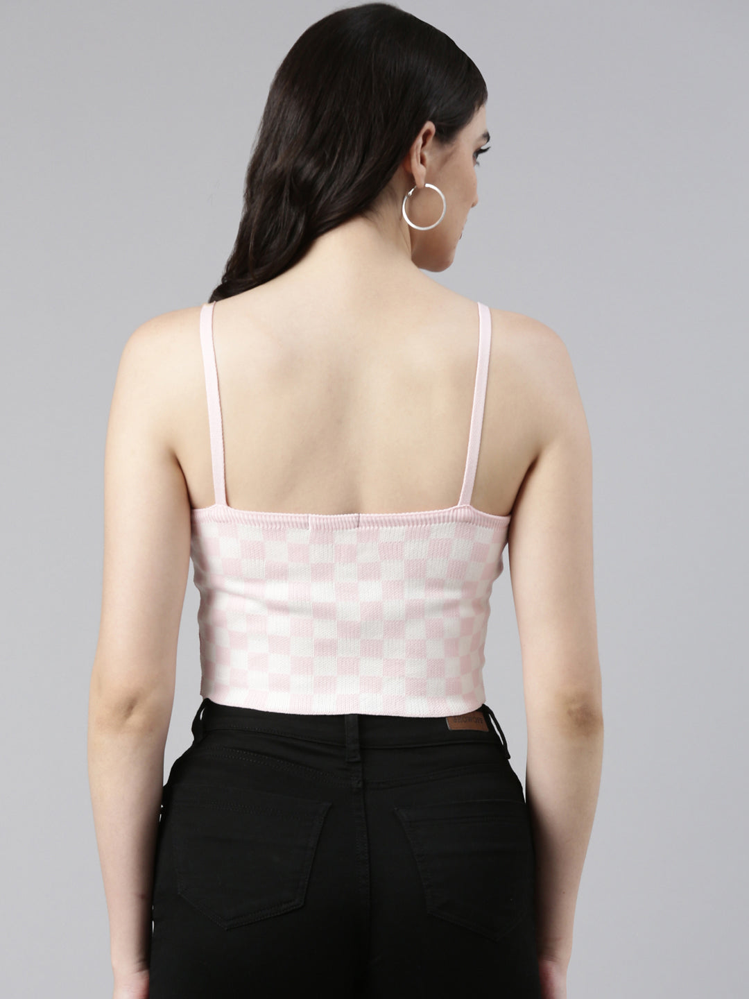 Shoulder Straps Checked Sleeveless Fitted Pink Crop Top