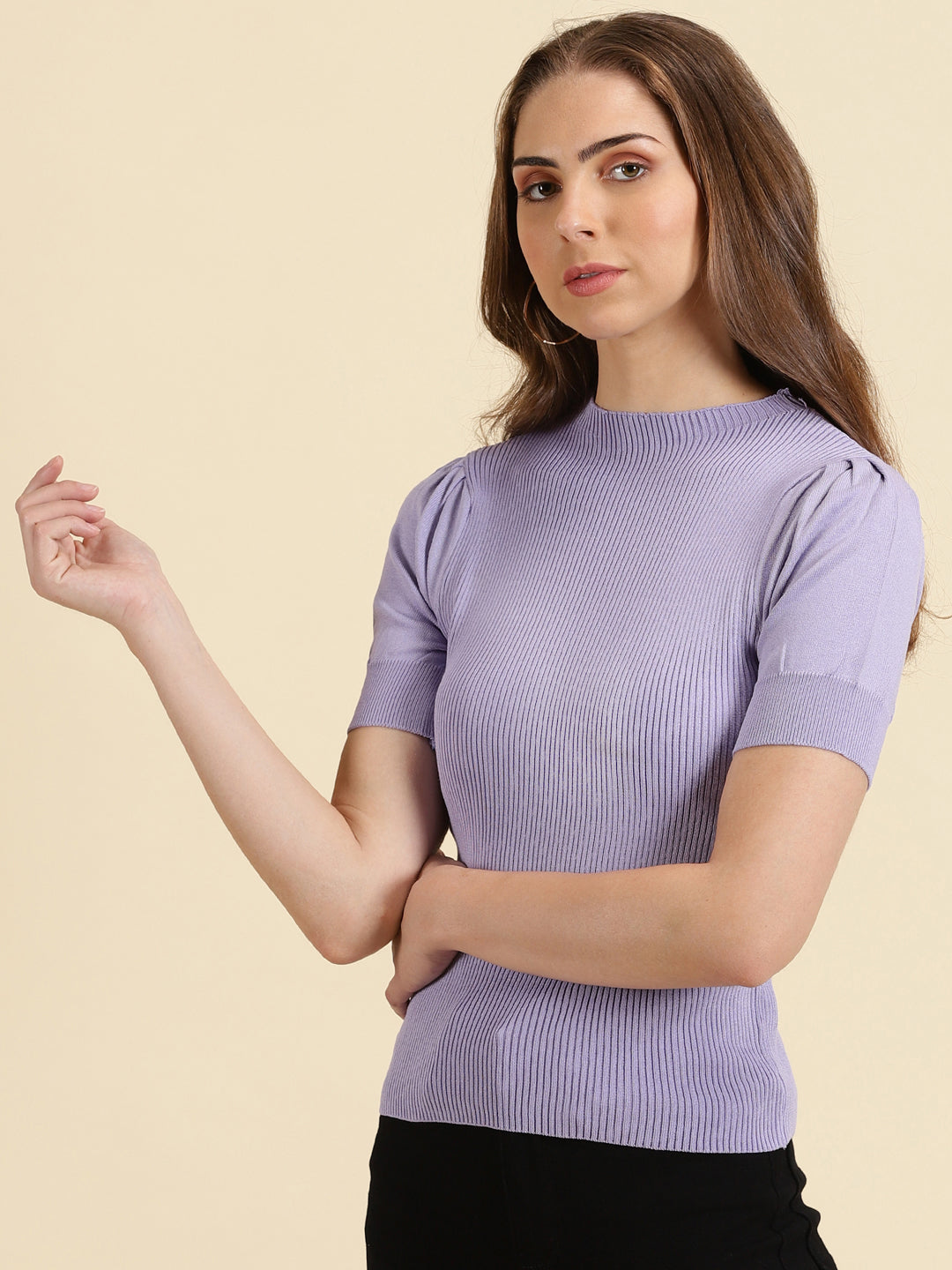 Women's Lavender Solid Fitted Top