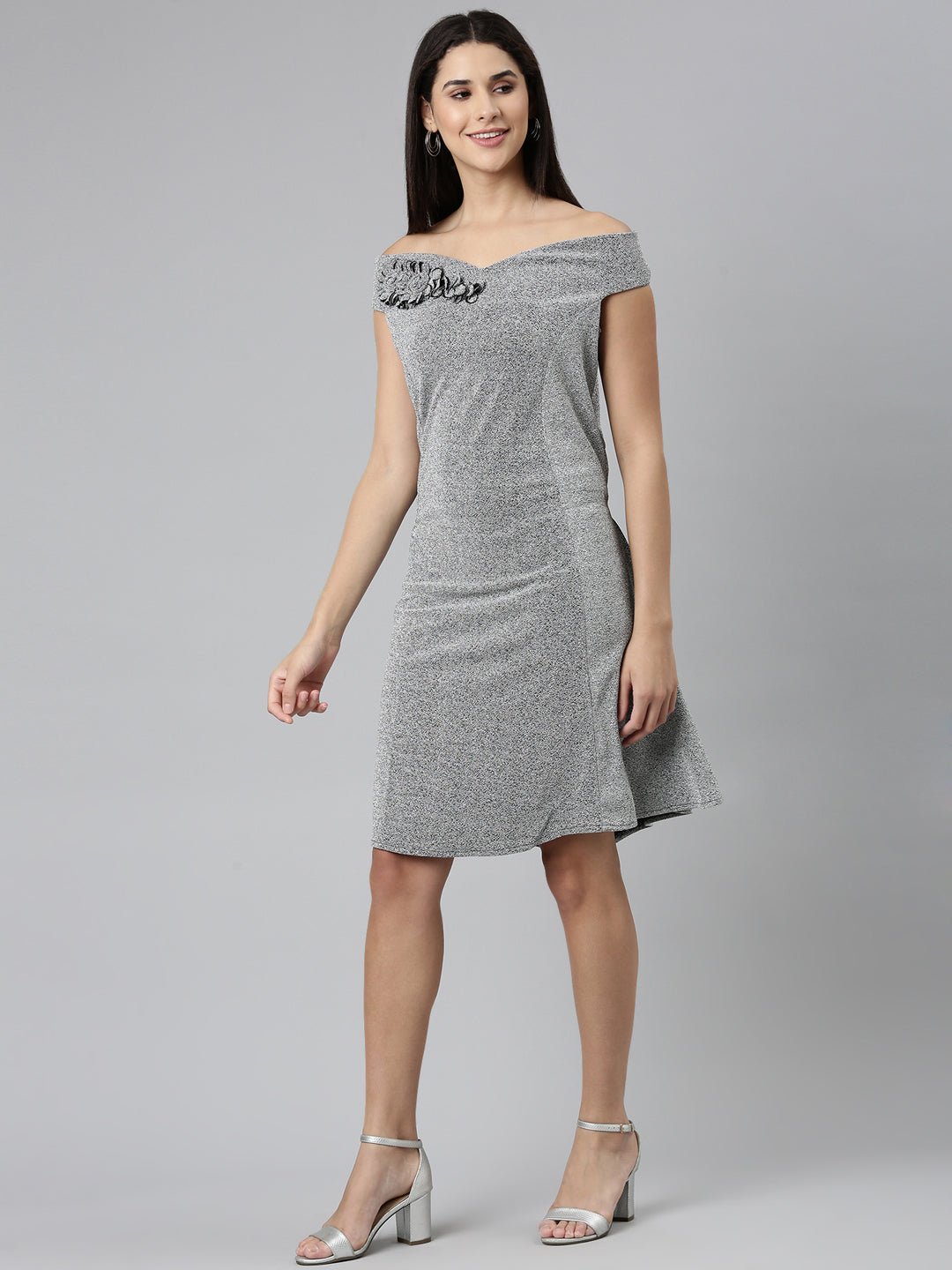 Women Silver Embellished A-Line Dress