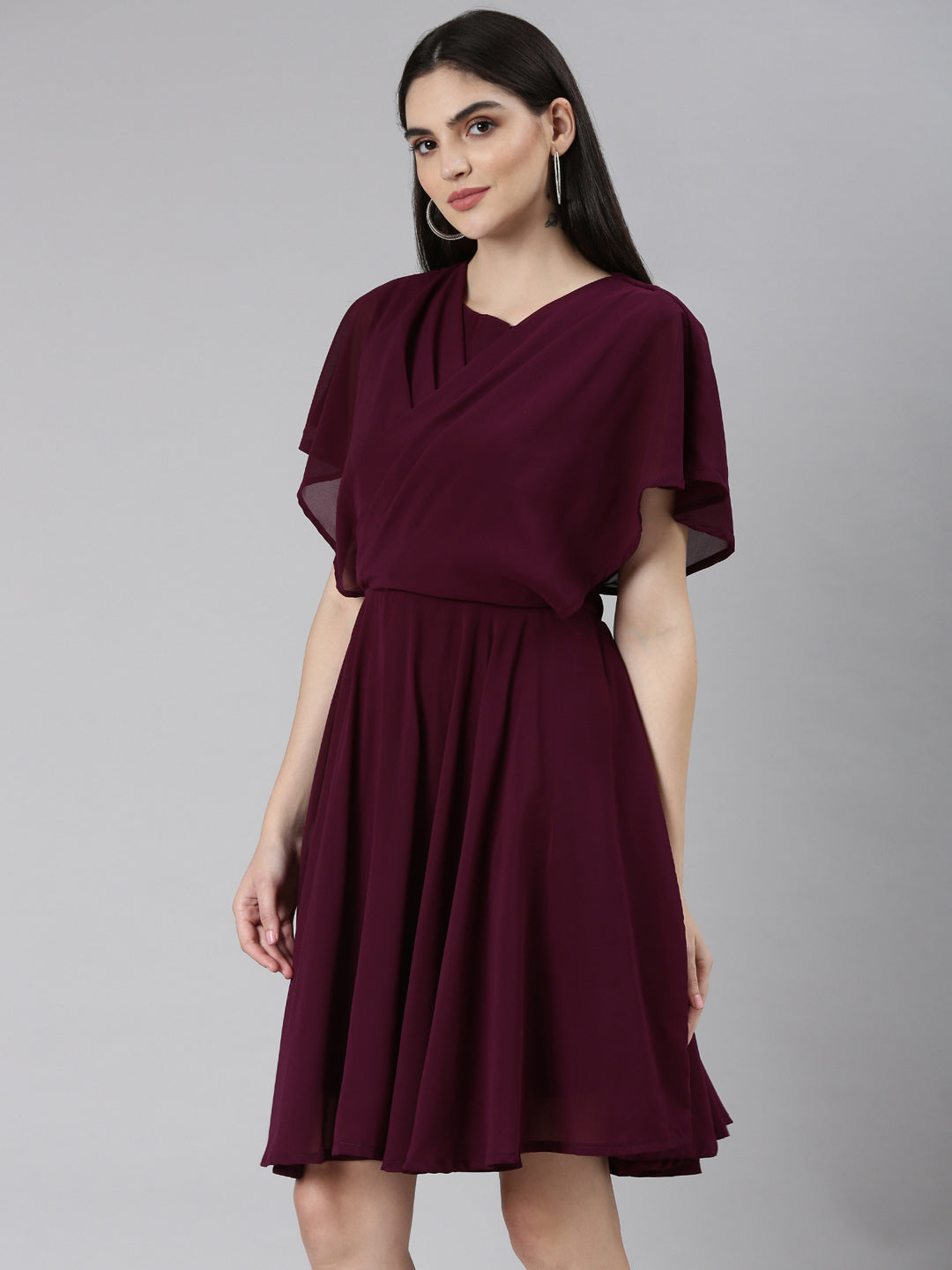 Women Violet Solid Fit and Flare Dress
