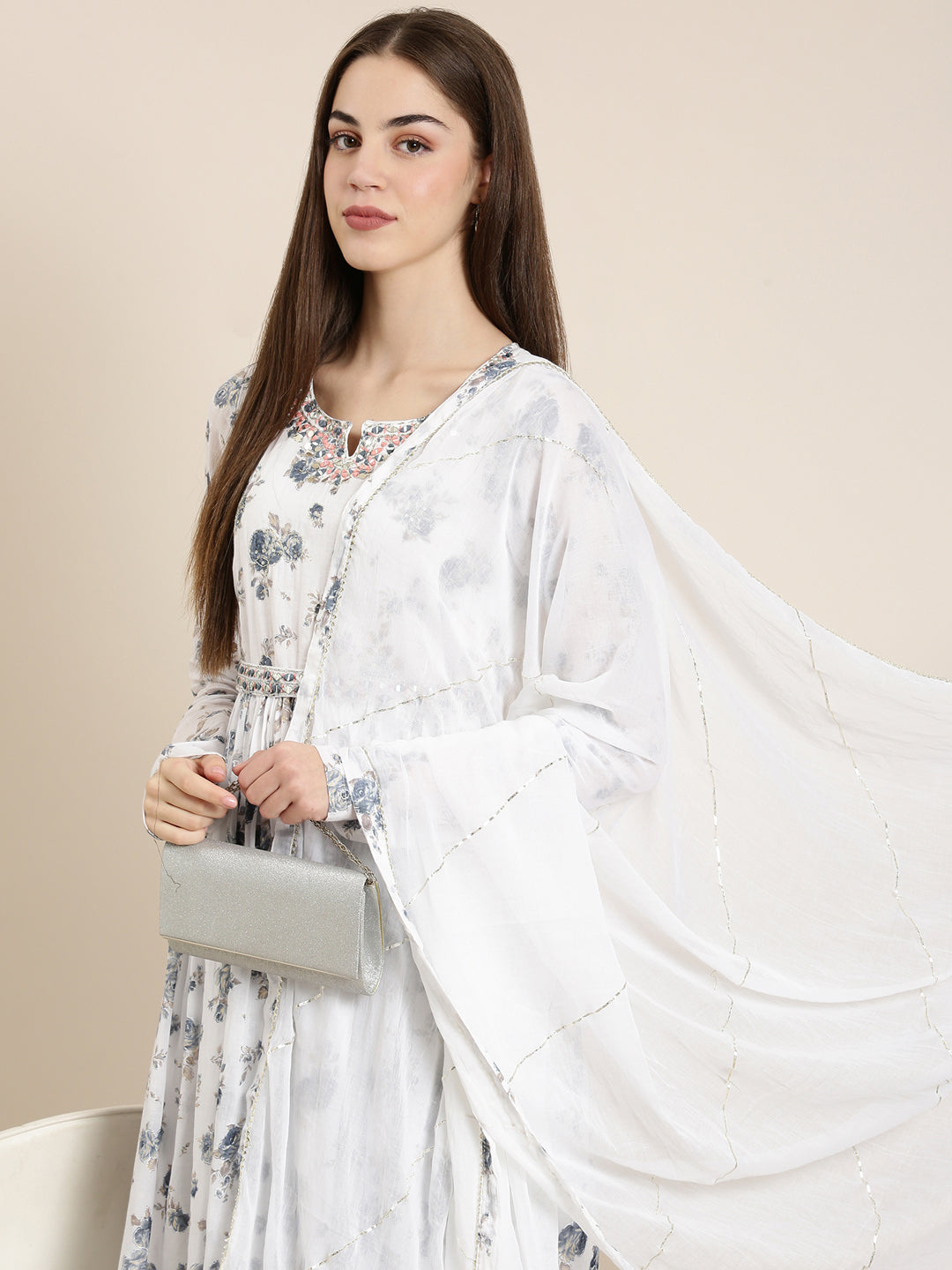 Women White Floral Anarkali Kurta