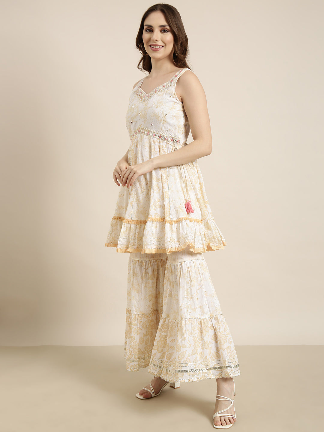 Women A-Line Cream Floral Kurti and Sharara Set Comes With Dupatta