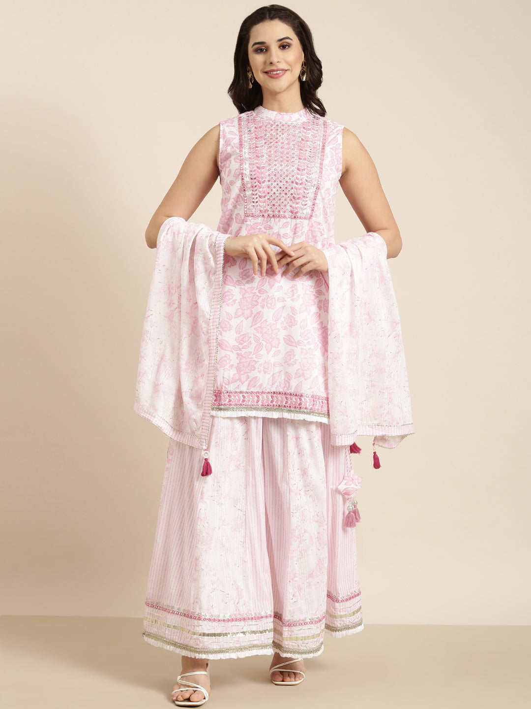 Women Straight Pink Floral Kurti and Palazzos Set Comes With Dupatta