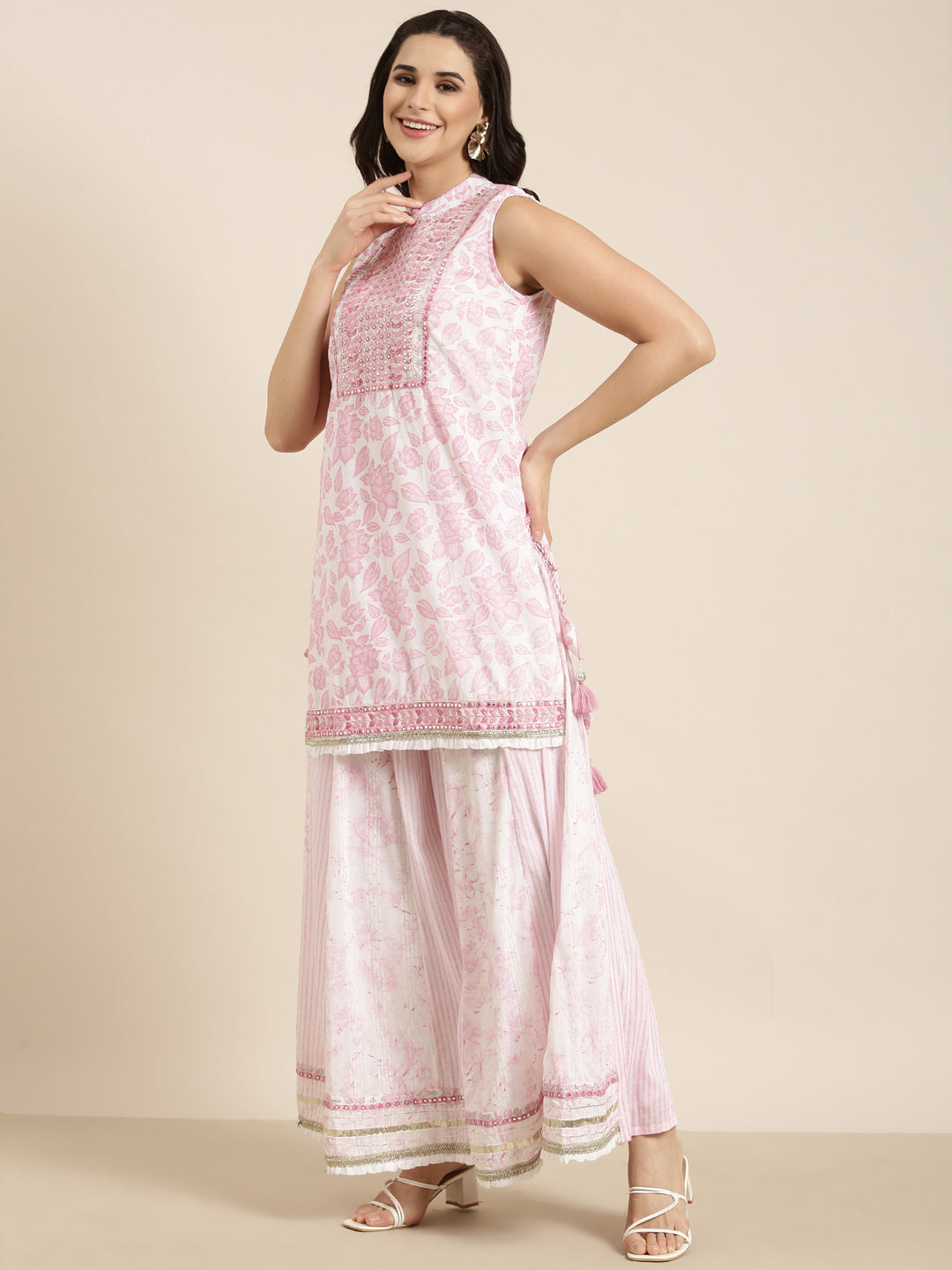 Women Straight Pink Floral Kurti and Palazzos Set Comes With Dupatta