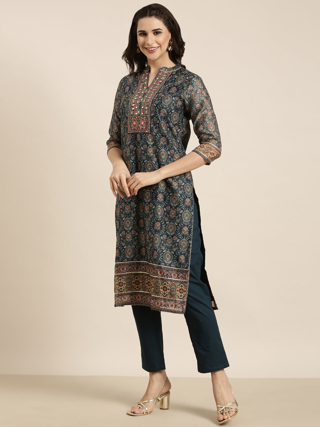 Women Straight Teal Ethnic Motifs Kurta and Trousers Set Comes With Dupatta