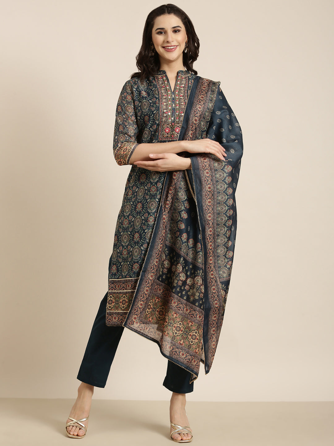Women Straight Teal Ethnic Motifs Kurta and Trousers Set Comes With Dupatta