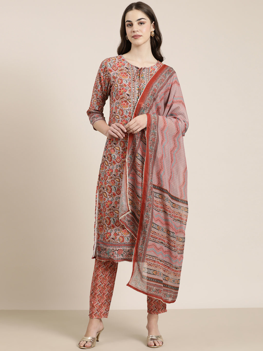 Women Rust Floral Kurta Set