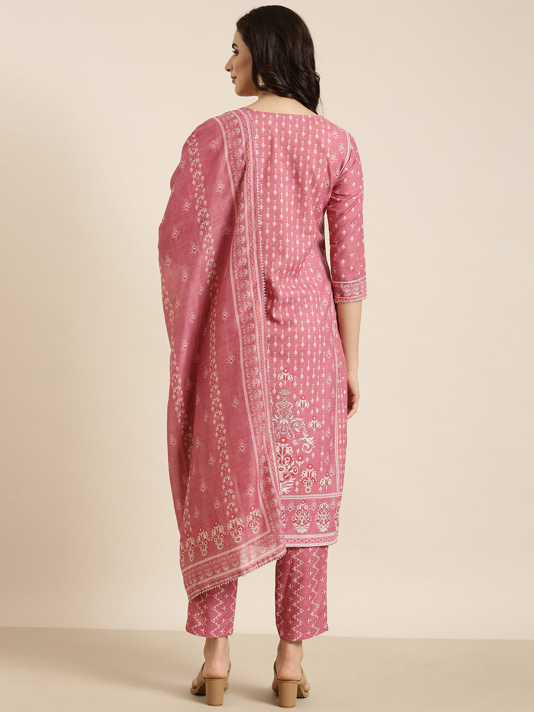 Women Straight Pink Ethnic Motifs Kurta and Trousers Set Comes With Dupatta
