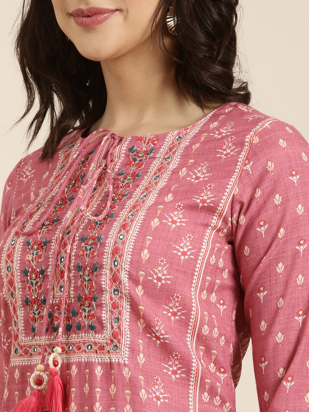 Women Straight Pink Ethnic Motifs Kurta and Trousers Set Comes With Dupatta