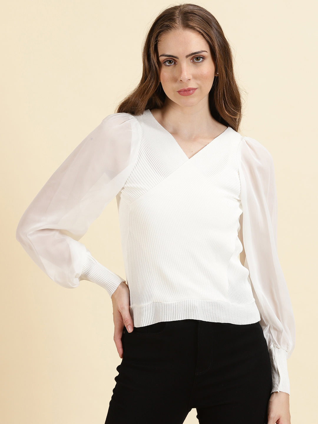 Women's Off White Solid Wrap Top