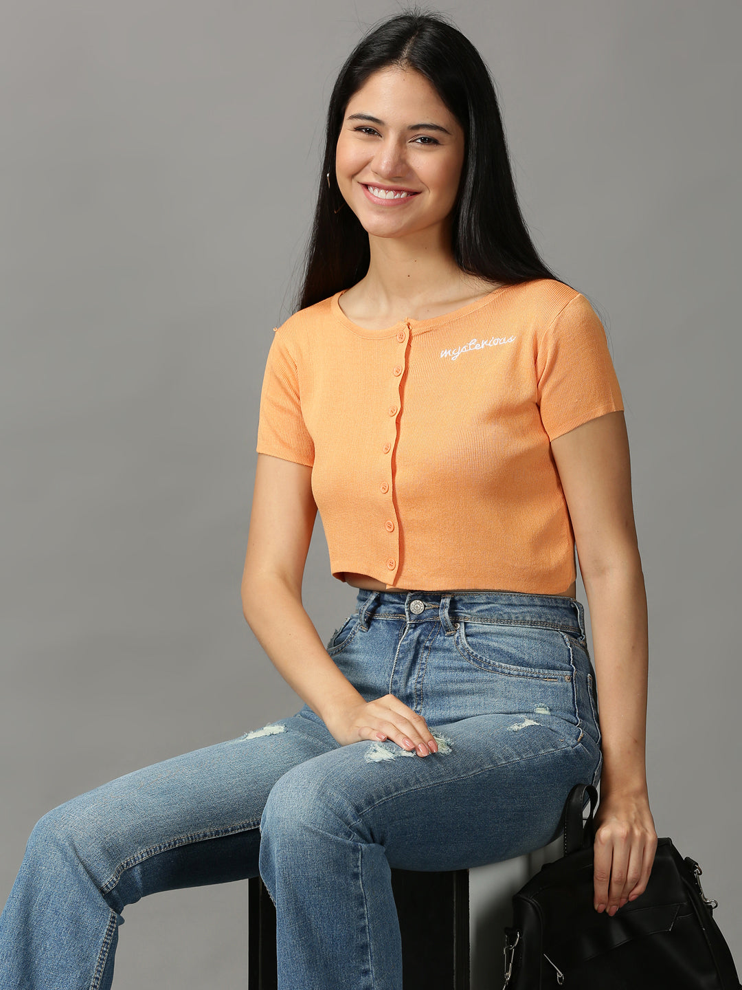Women's Orange Solid Fitted Crop Top