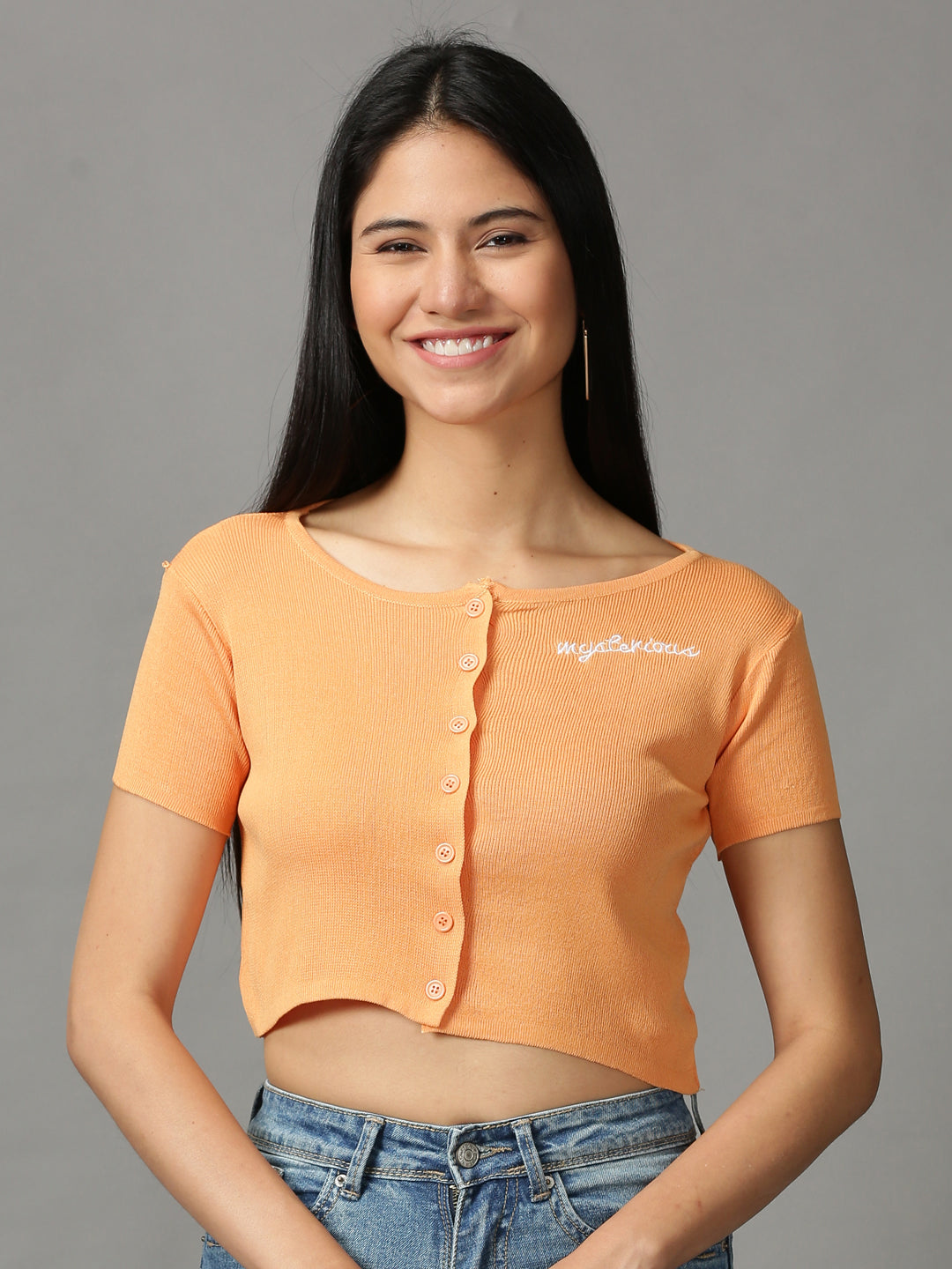 Women's Orange Solid Fitted Crop Top
