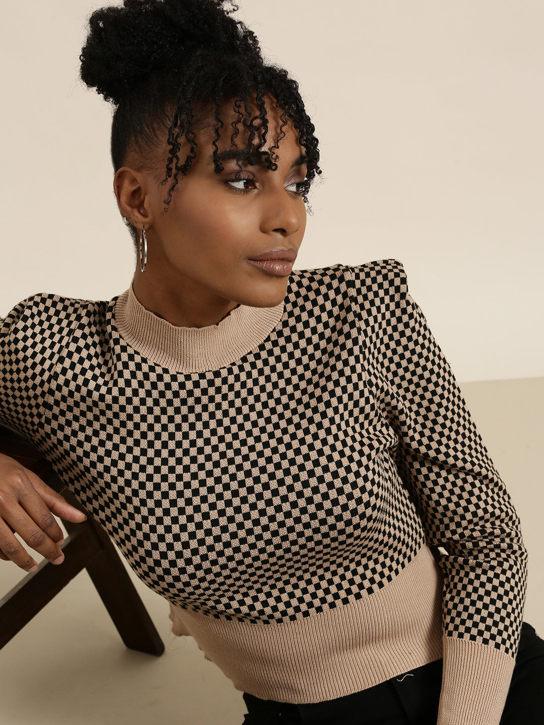High Neck Checked Puff Sleeves Taupe Crop Top