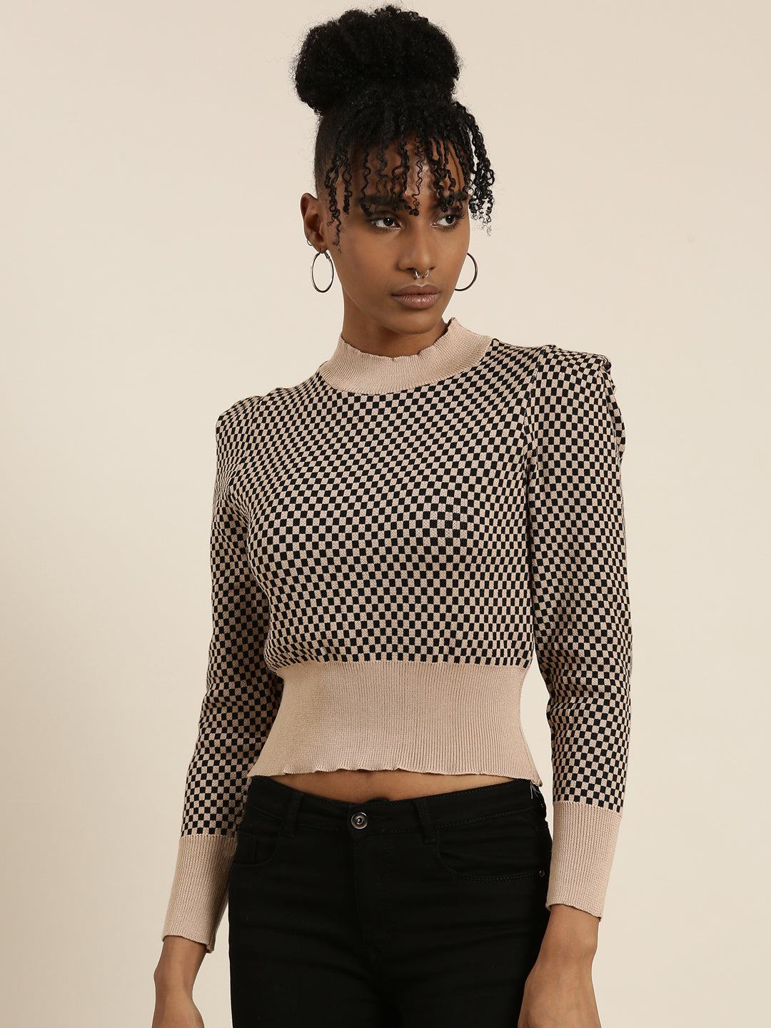 High Neck Checked Puff Sleeves Taupe Crop Top