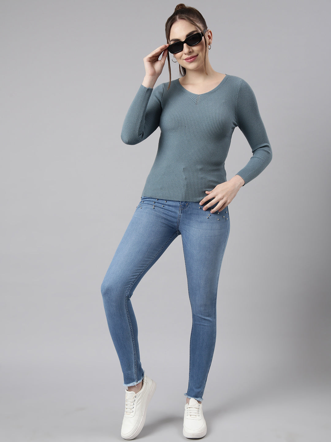 Women Grey Solid Fitted Top