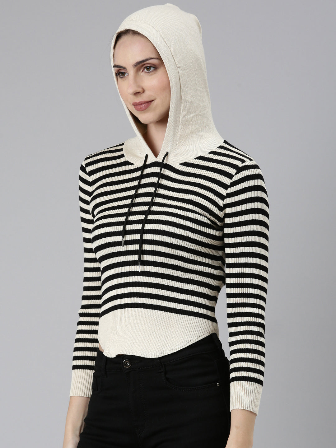 Women Beige Striped Sweatshirt