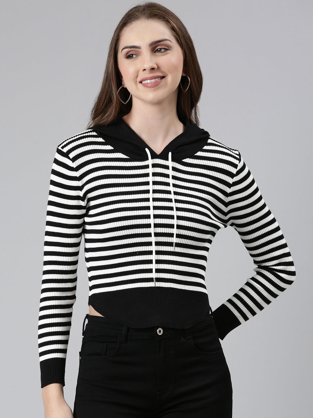 Women Black Striped Sweatshirt