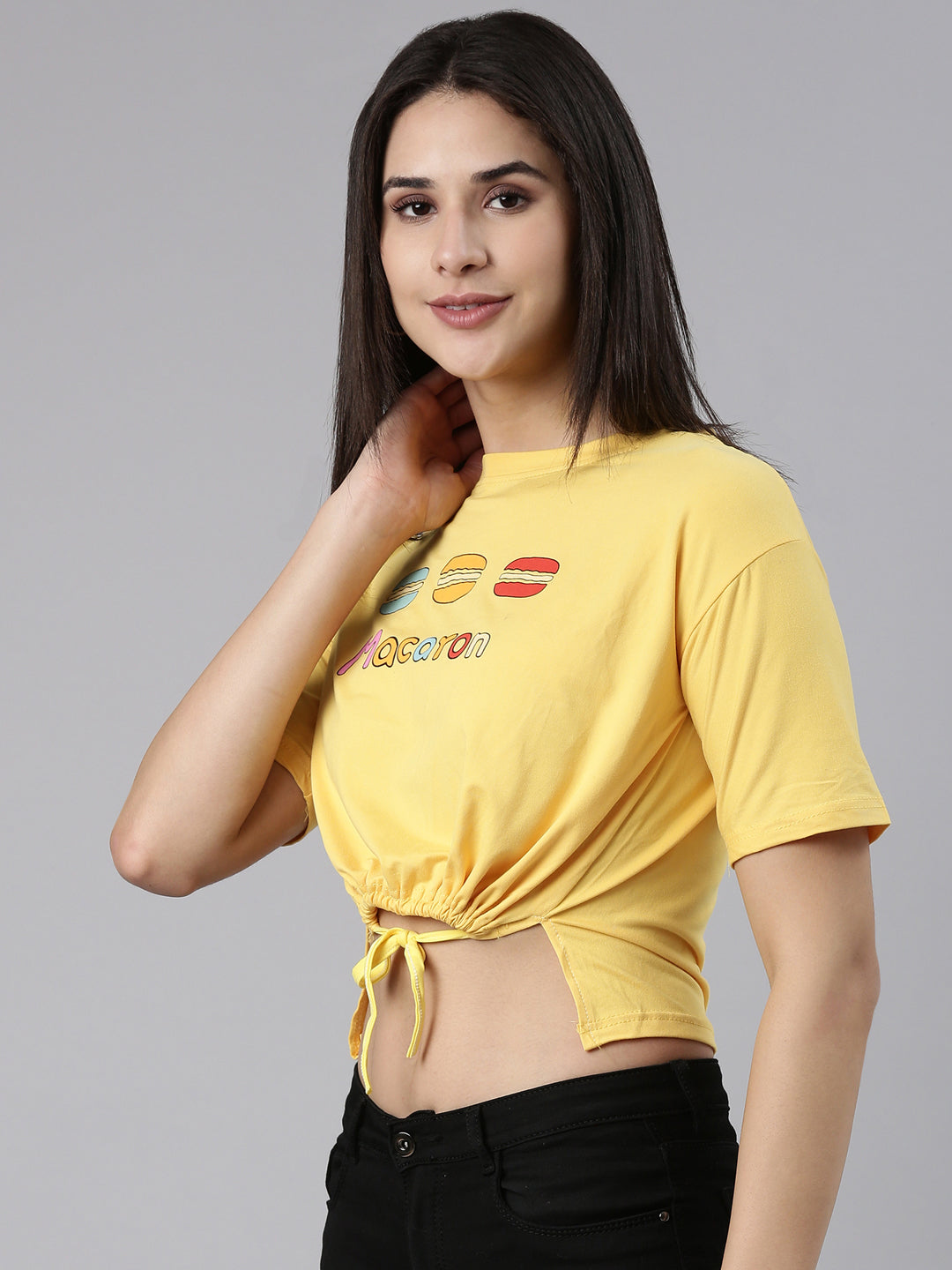 Round Neck Printed Yellow Cinched Waist Crop Top