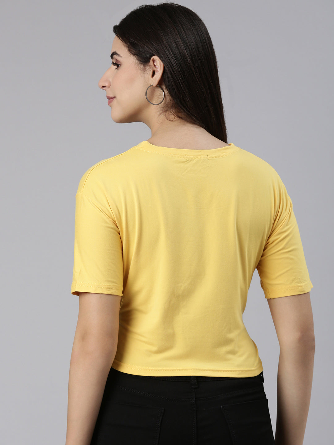 Round Neck Printed Yellow Cinched Waist Crop Top