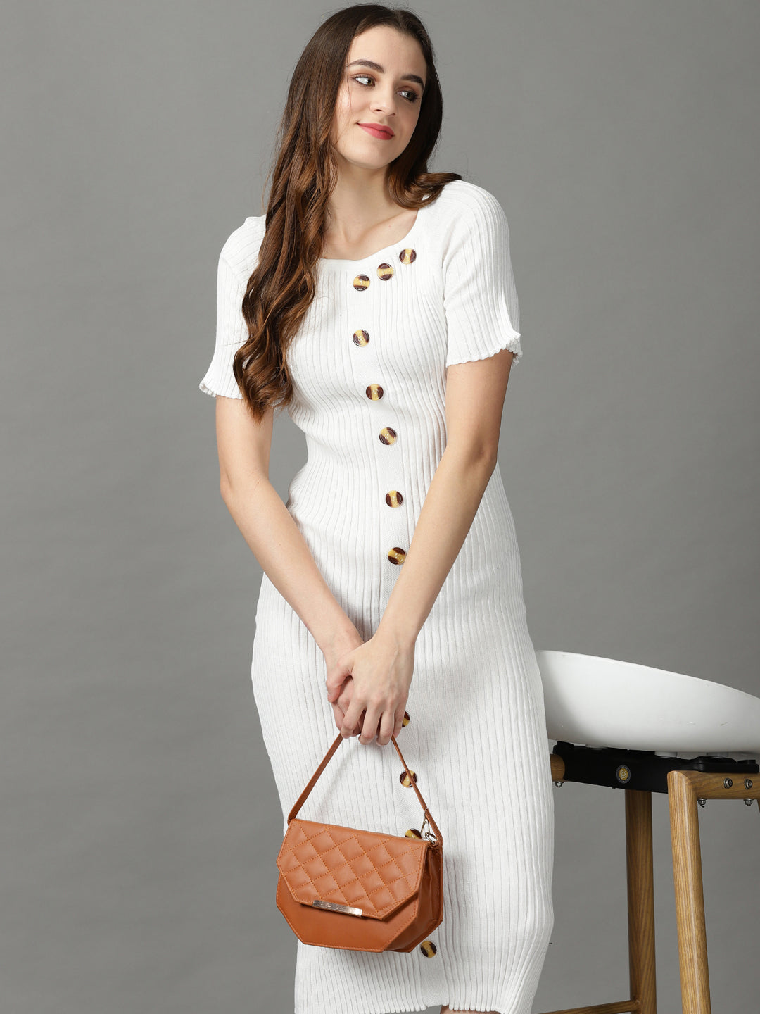 Women's White Solid Bodycon Dress