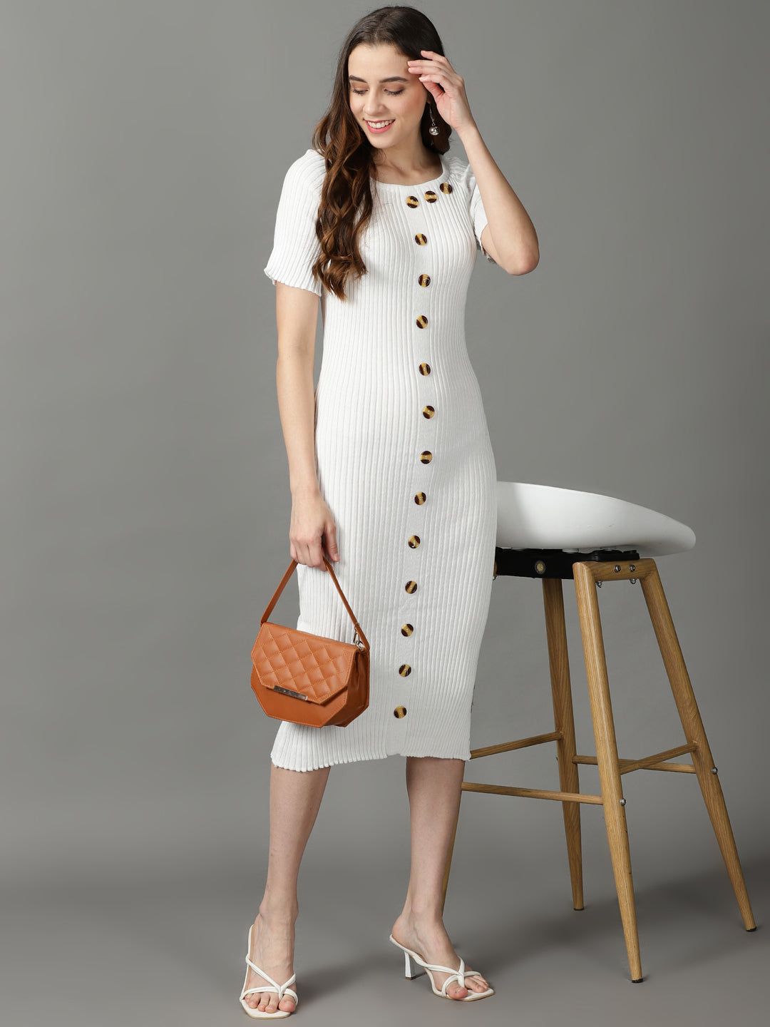 Women's White Solid Bodycon Dress