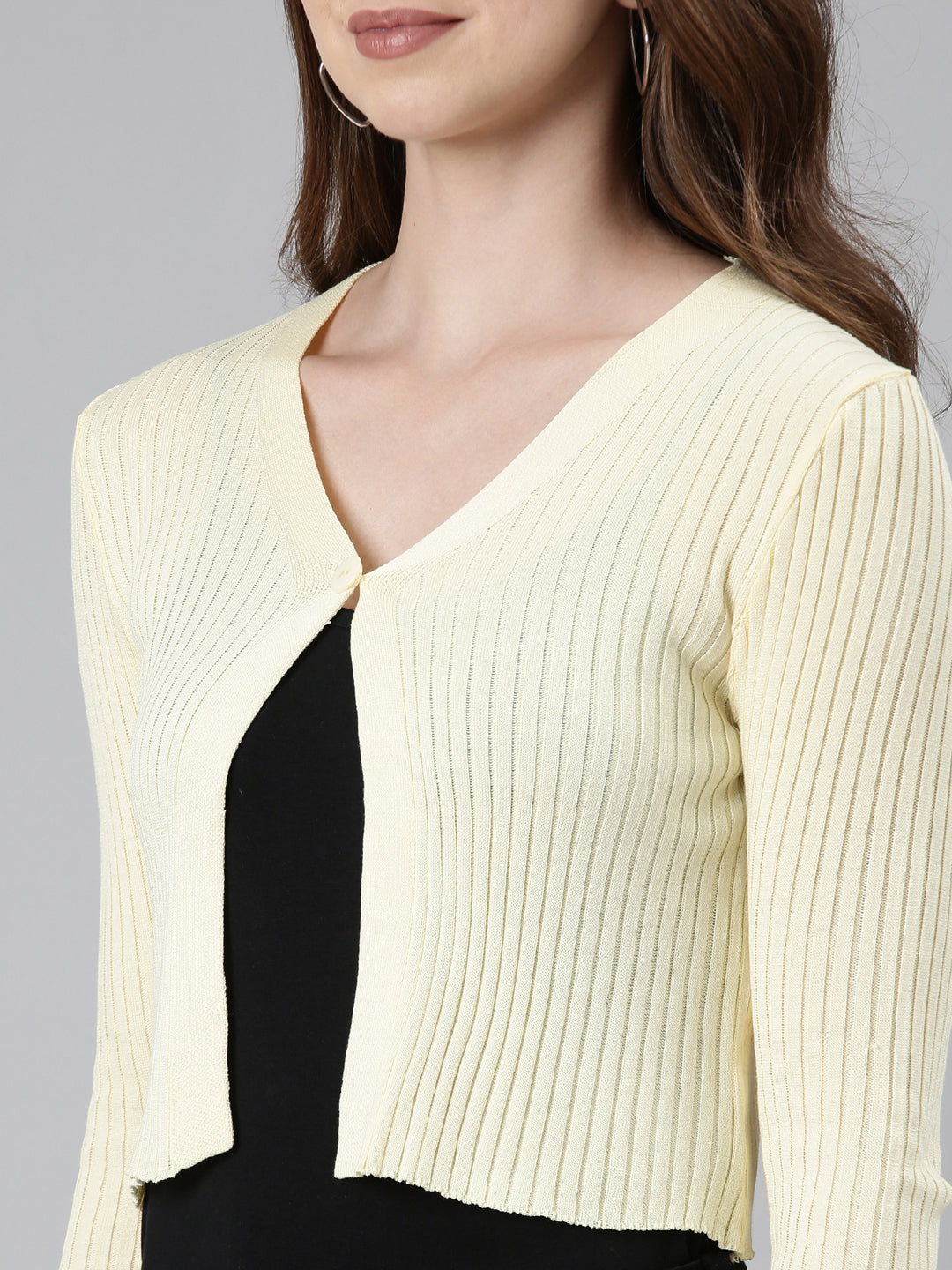 Women Yellow Solid Front-Open Crop Sweater
