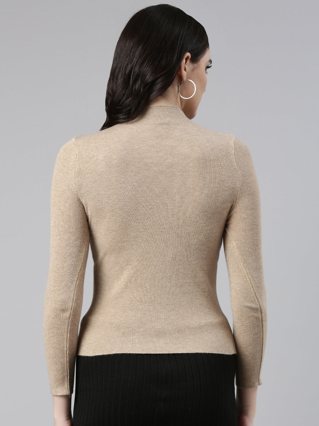 High Neck Solid Beige Fitted Regular Top