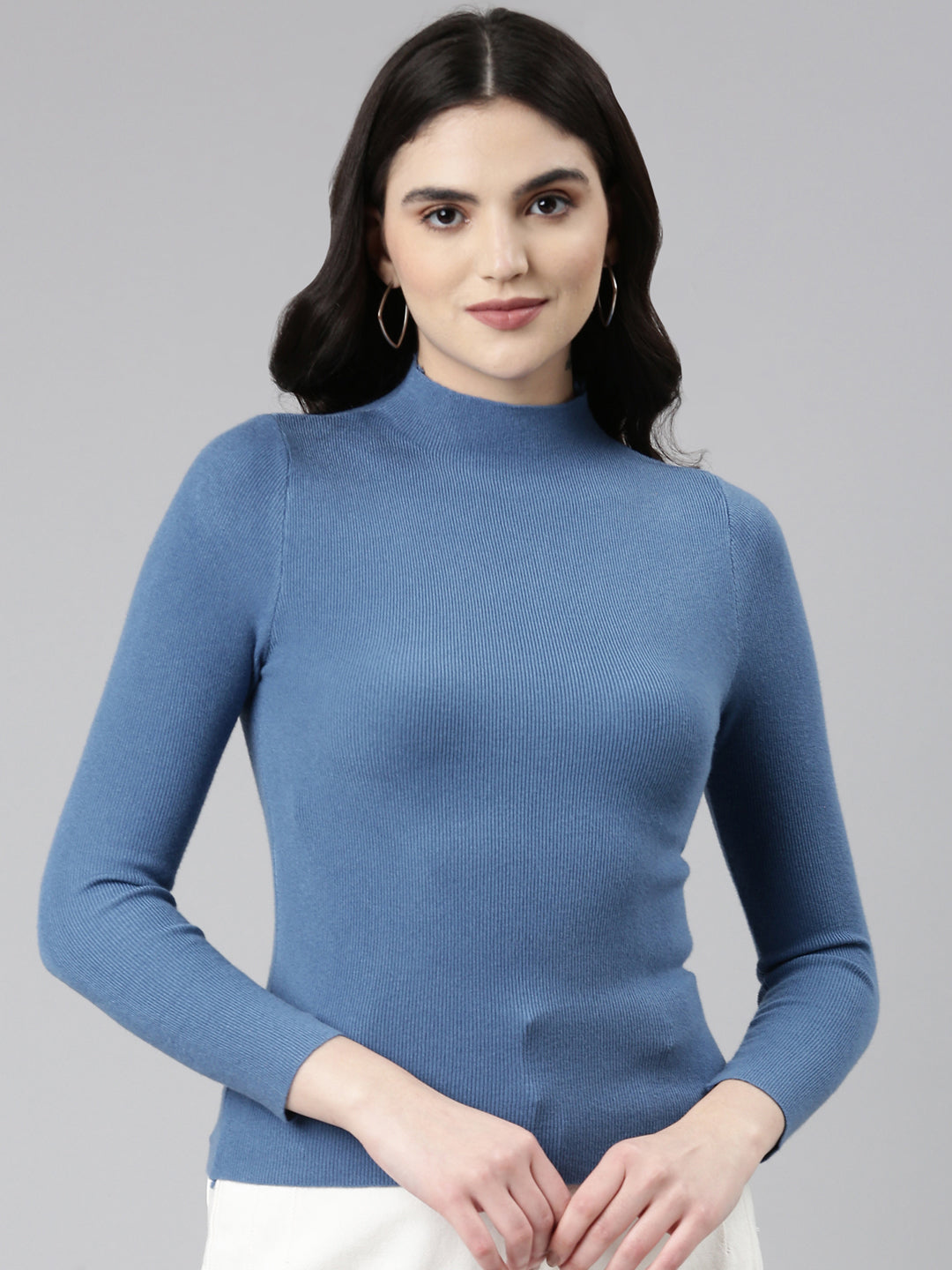 High Neck Solid Blue Fitted Regular Top