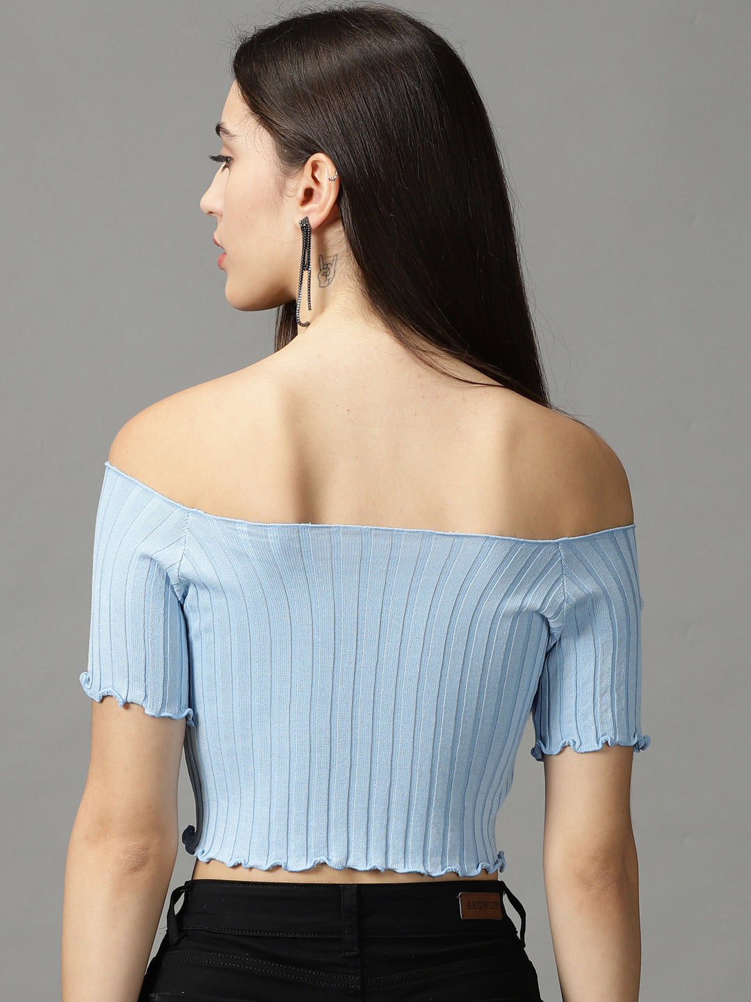 Women's Blue Solid Fitted Crop Top