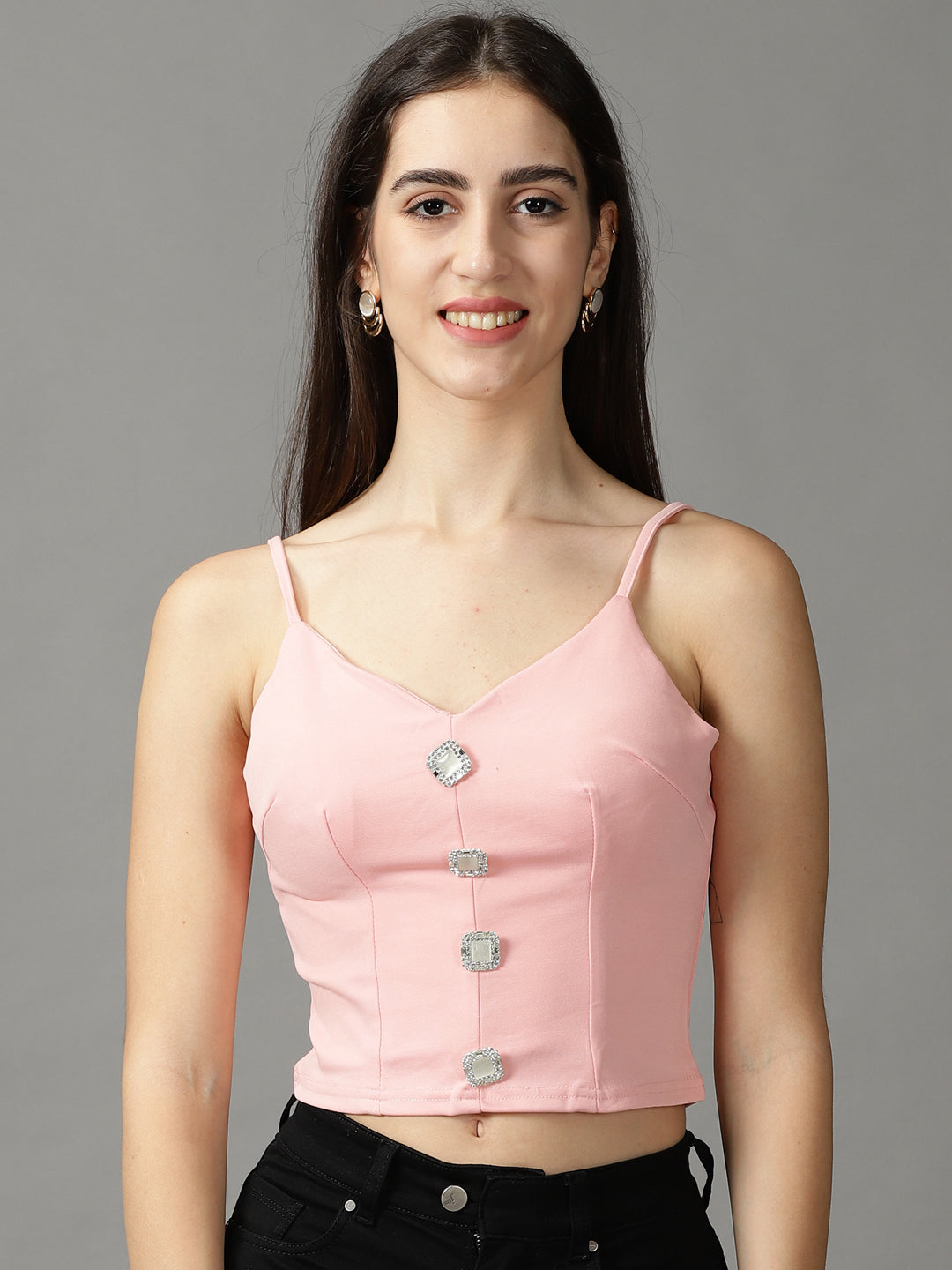 Women's Pink Solid Fitted Crop Top