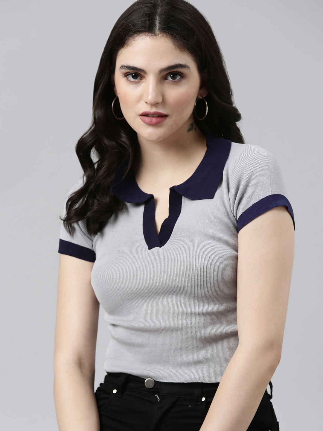 Above the Keyboard Collar Solid Grey Crop Top