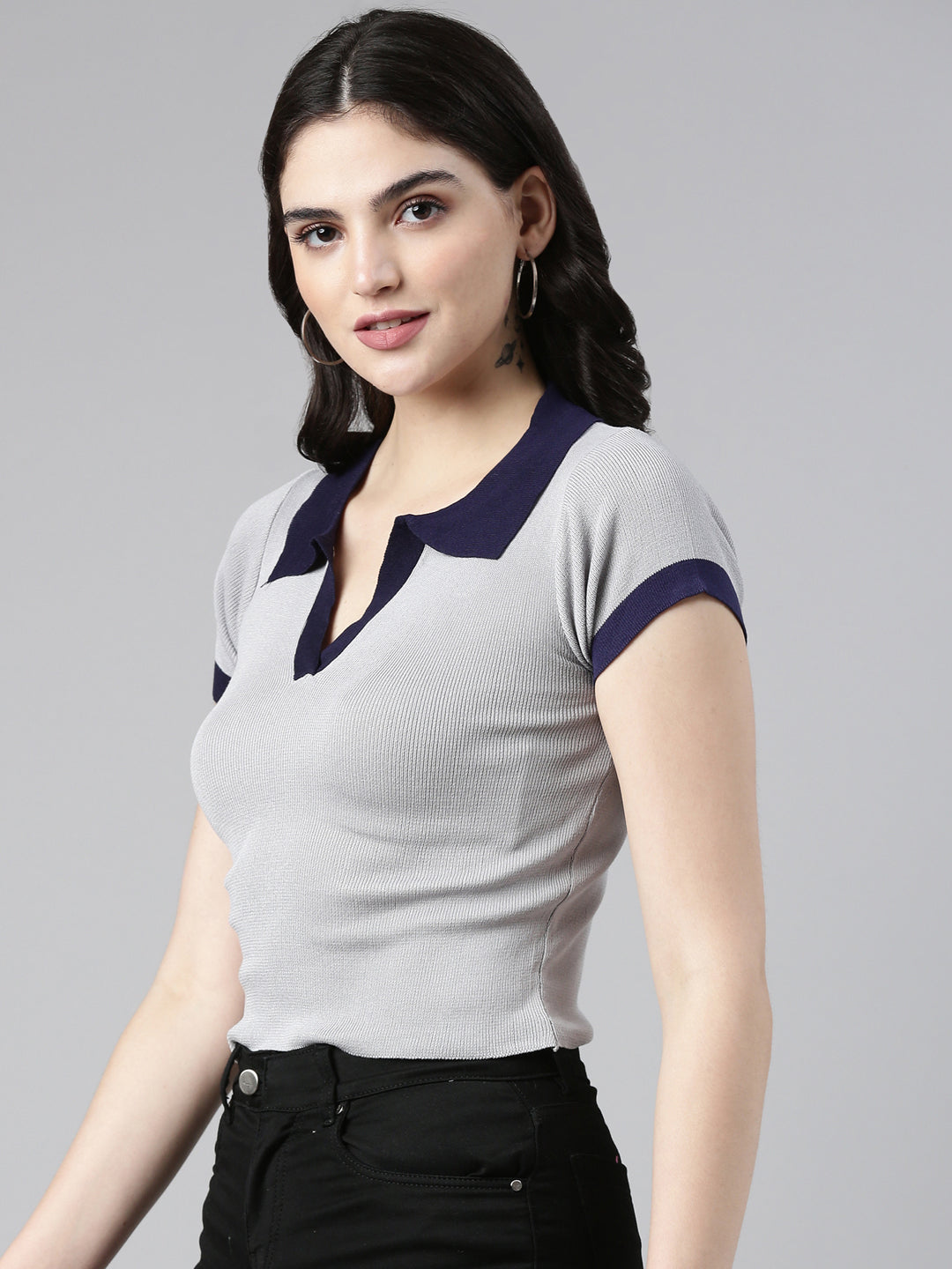 Above the Keyboard Collar Solid Grey Crop Top