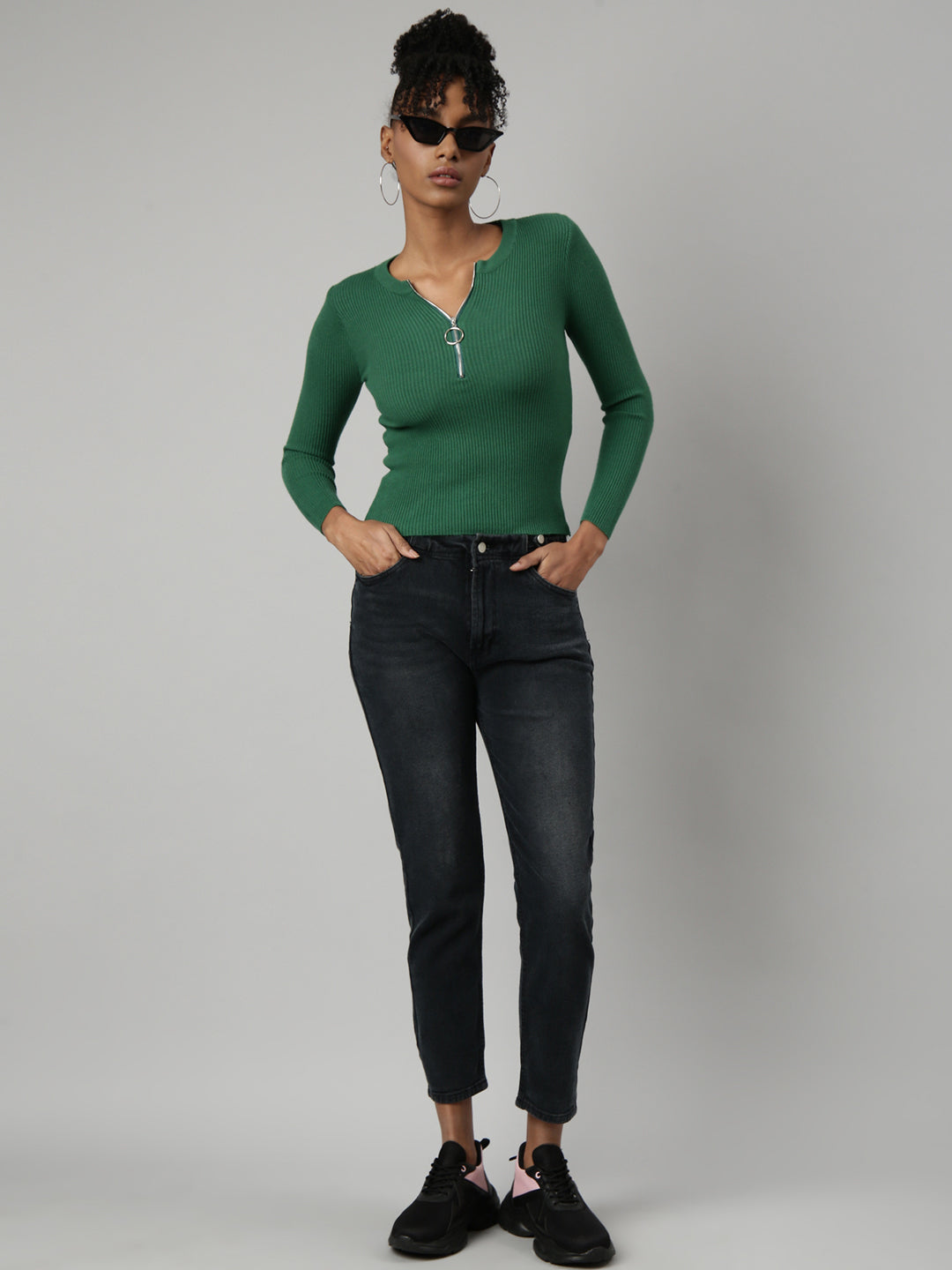 Women Green Solid Fitted Top