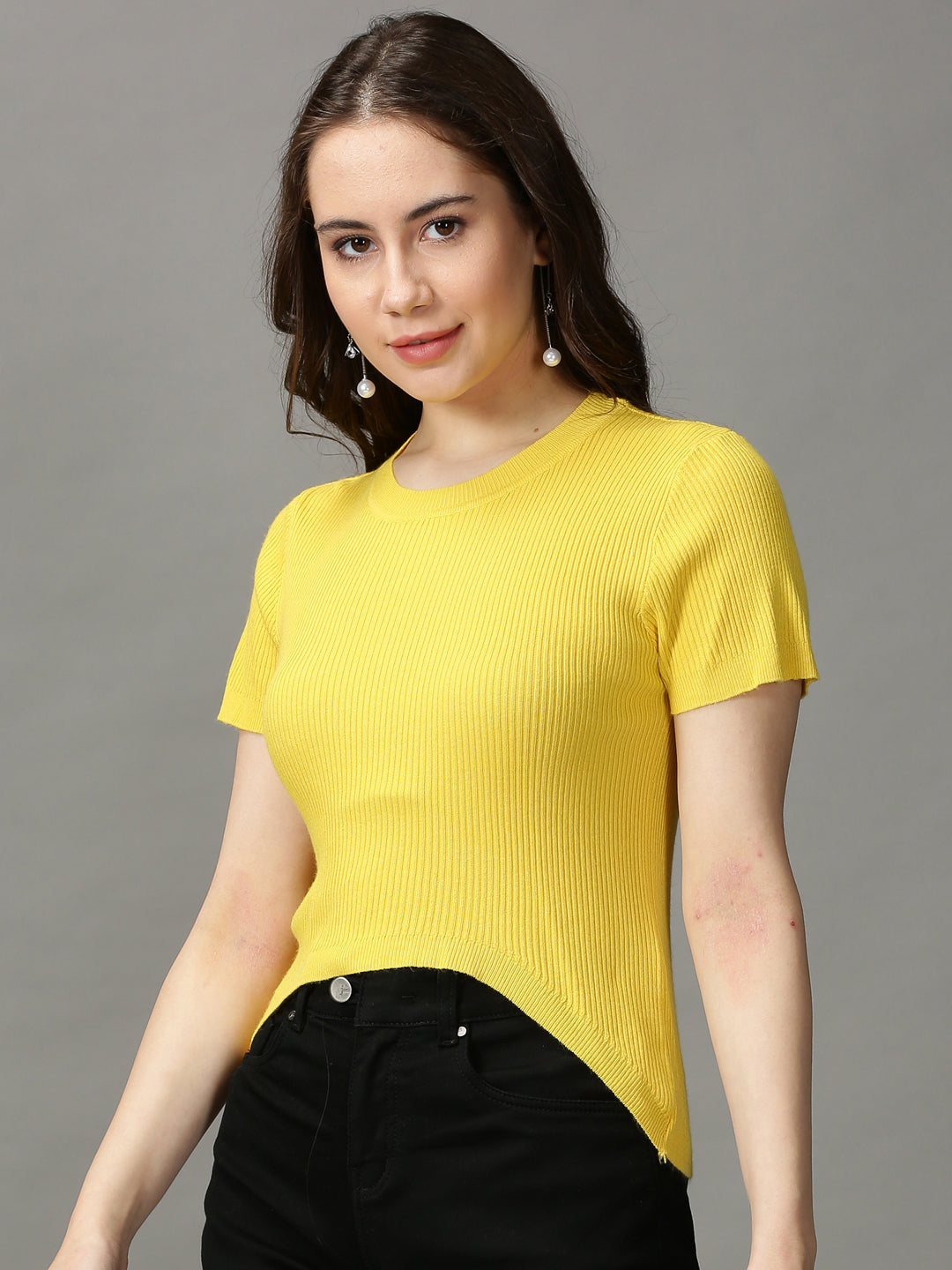 Women's Yellow Solid High-Low Top