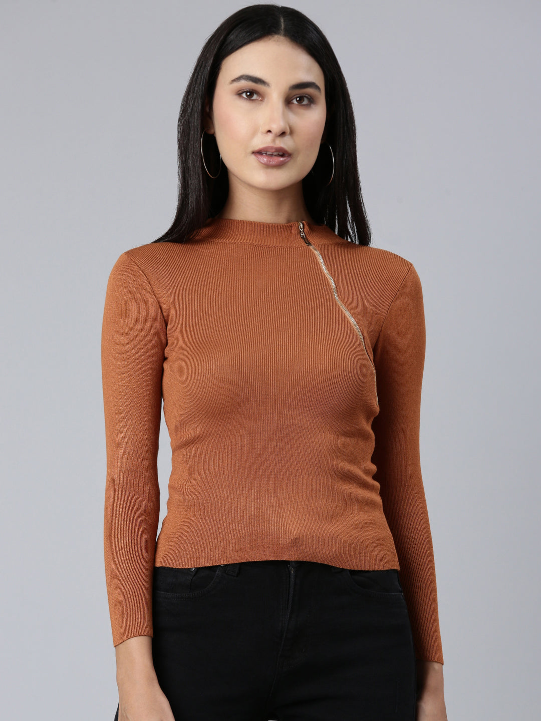 Women Camel Brown Solid Fitted Top