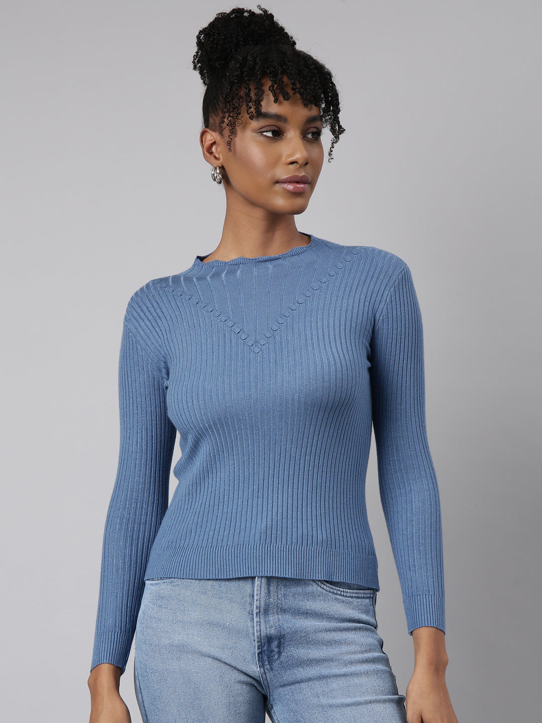 Women Blue Solid Fitted Top