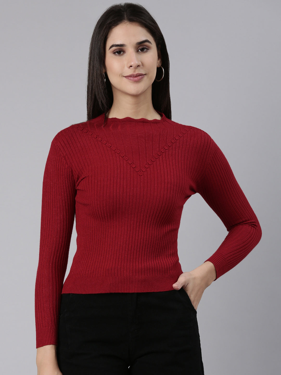 High Neck Solid Maroon Fitted Regular Top