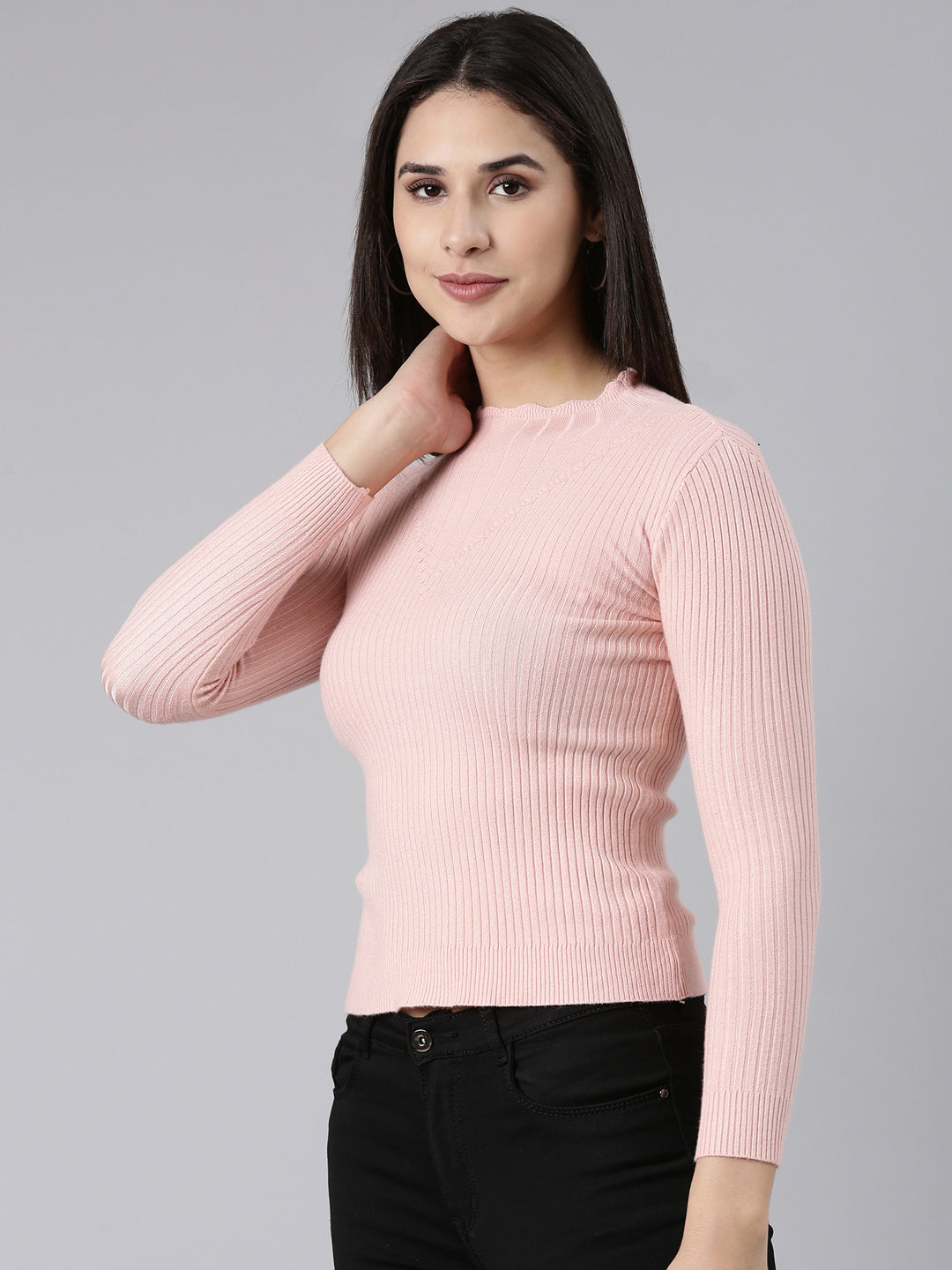 High Neck Solid Pink Fitted Regular Top