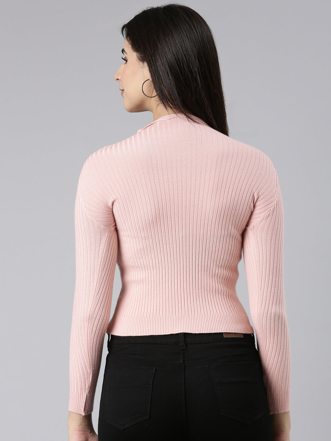 High Neck Solid Pink Fitted Regular Top