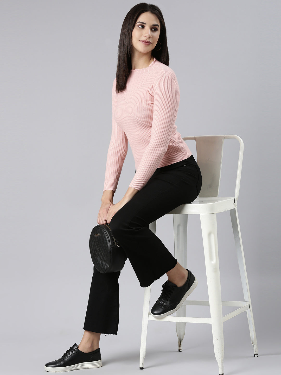 High Neck Solid Pink Fitted Regular Top