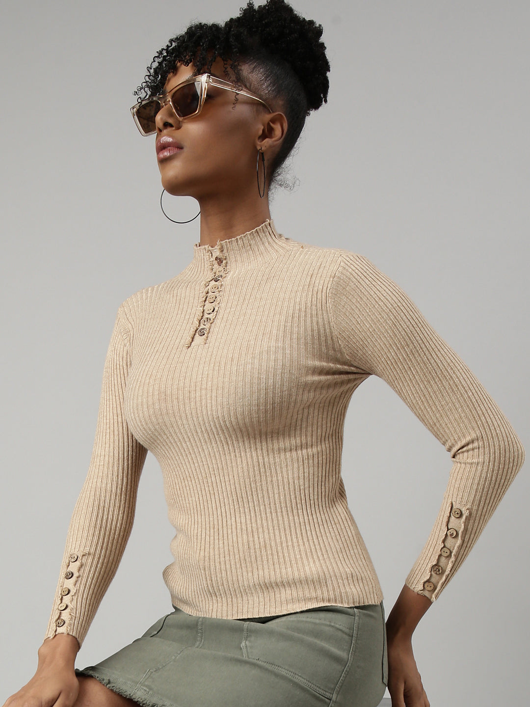 Women Beige Solid Fitted Top