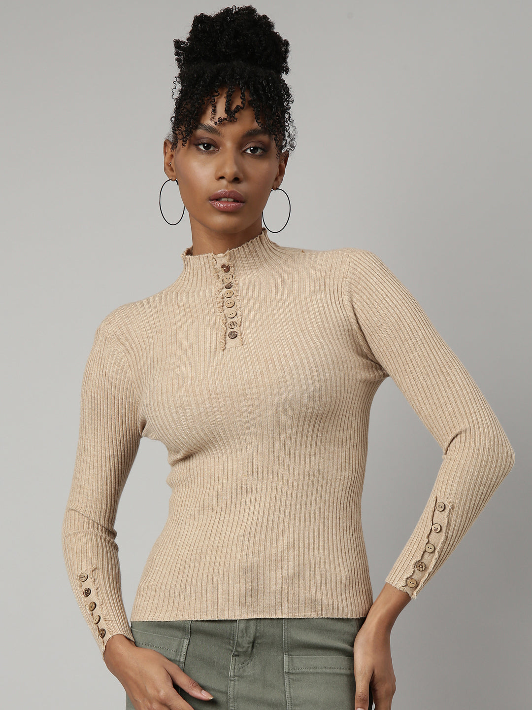 Women Beige Solid Fitted Top