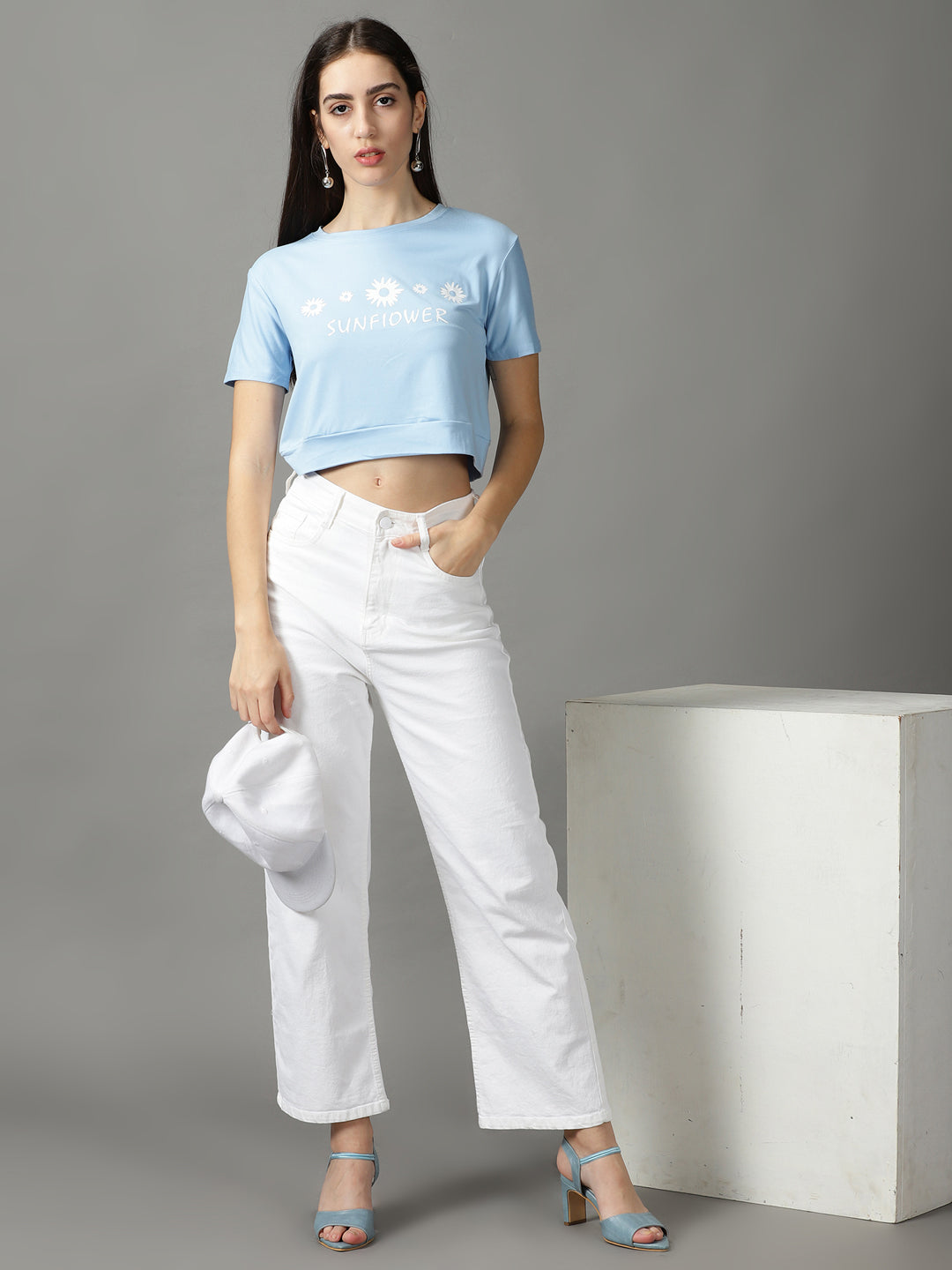 Women's Blue Solid Crop Top