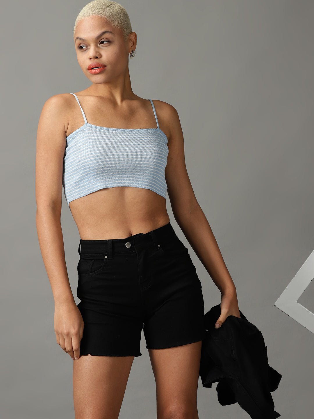 Women's Blue Striped Fitted Crop Top