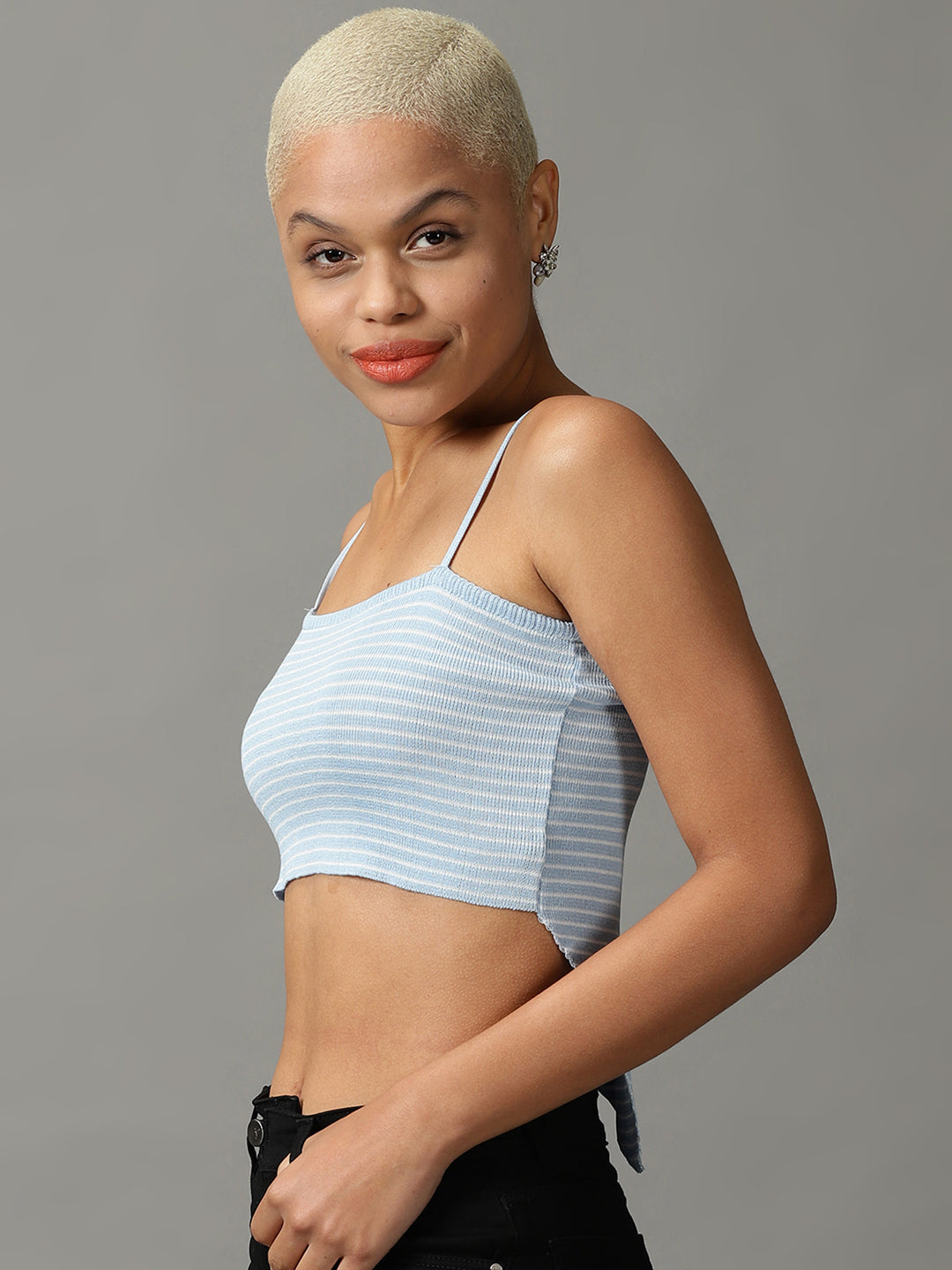 Women's Blue Striped Fitted Crop Top