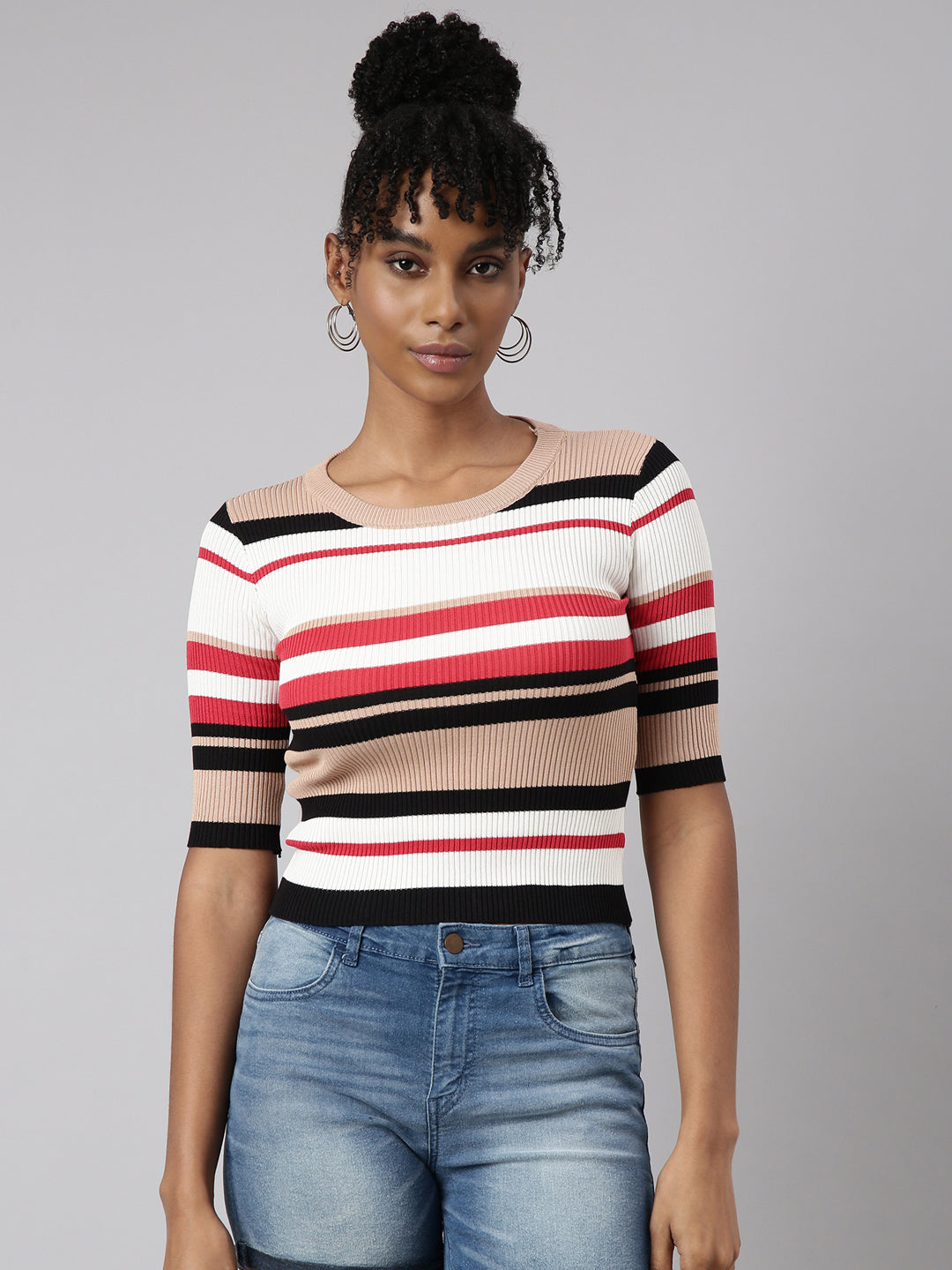 Women Beige Horizontal Stripes Fitted Top