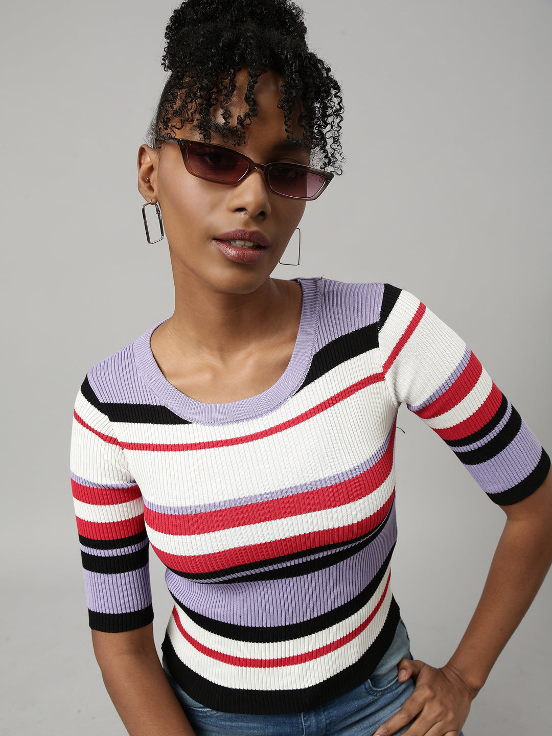Women Lavender Horizontal Stripes Fitted Top