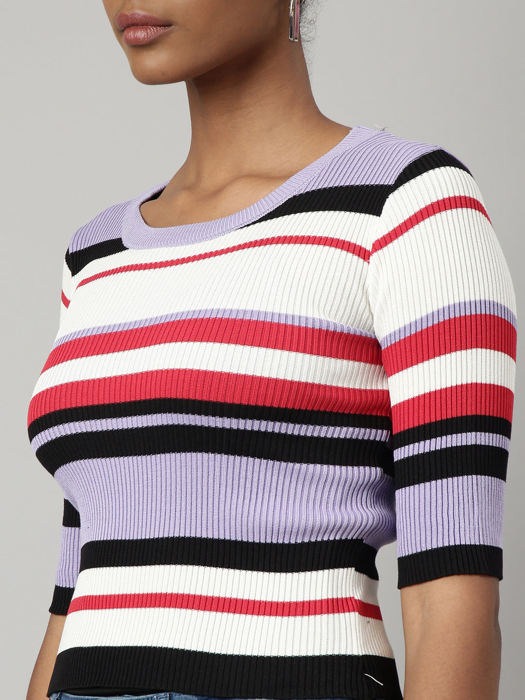 Women Lavender Horizontal Stripes Fitted Top