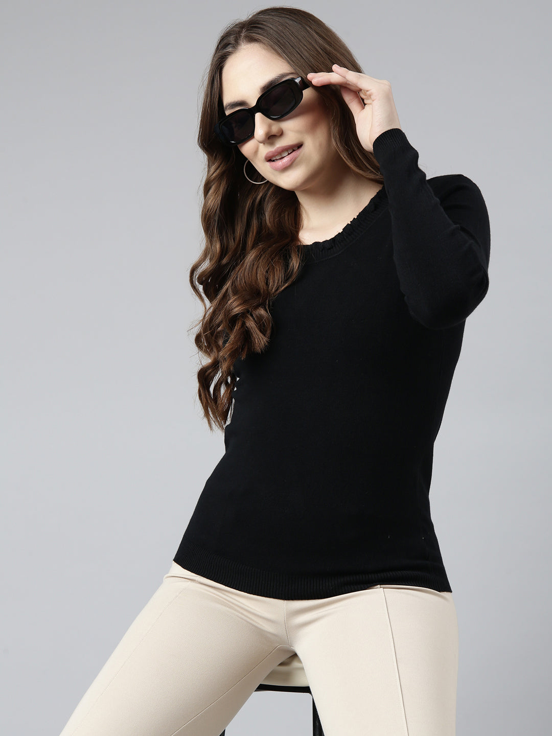 Women Black Solid Fitted Top
